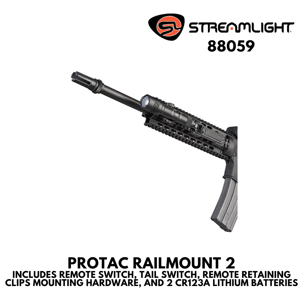 PROTAC RAILMOUNT 2 INCLUDES REMOTE SWITCH, TAIL SWITCH, REMOTE RETAINING CLIPS MOUNTING HARDWARE, AND 2 CR123A LITHIUM BATTERIES