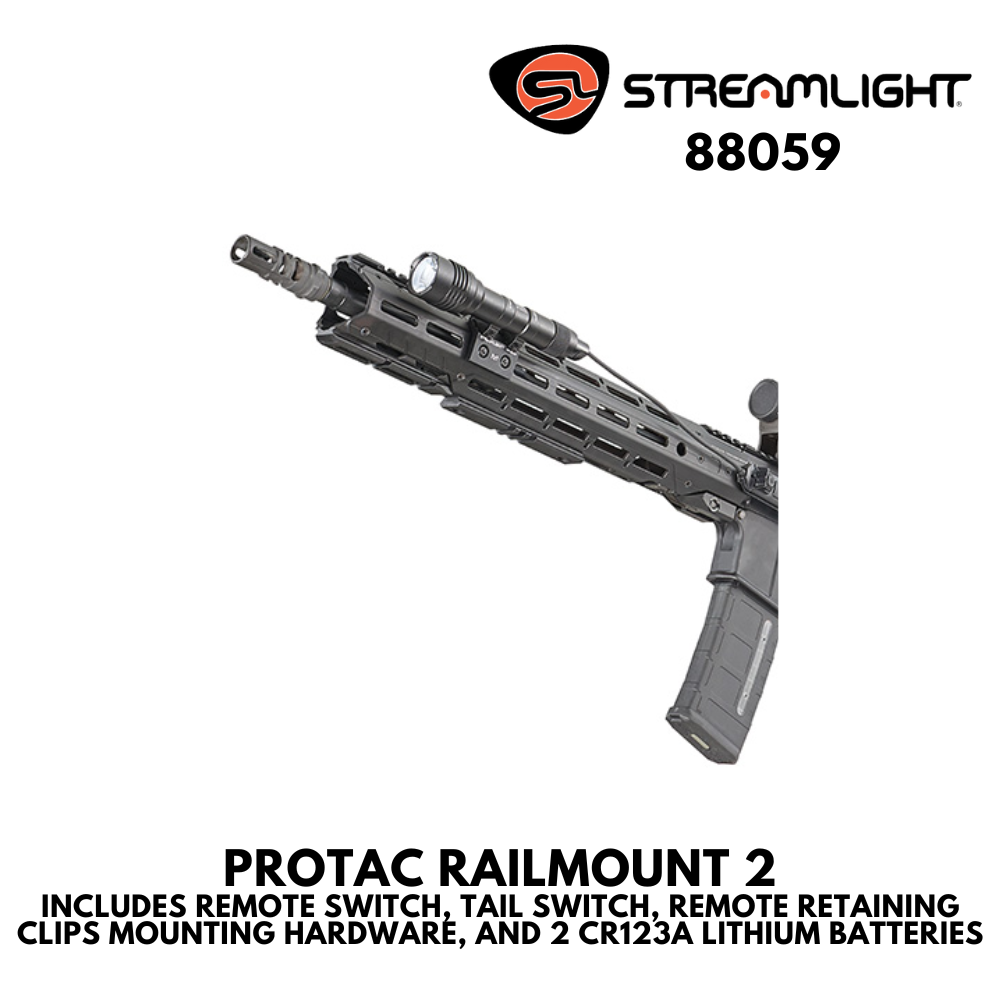 PROTAC RAILMOUNT 2 INCLUDES REMOTE SWITCH, TAIL SWITCH, REMOTE RETAINING CLIPS MOUNTING HARDWARE, AND 2 CR123A LITHIUM BATTERIES