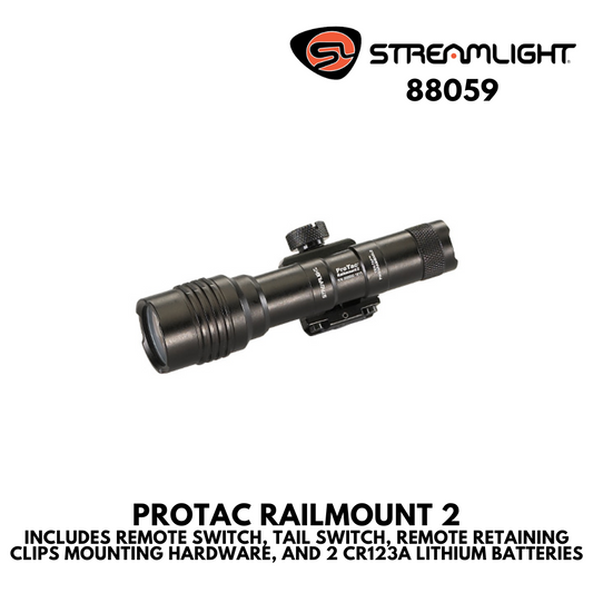 PROTAC RAILMOUNT 2 INCLUDES REMOTE SWITCH, TAIL SWITCH, REMOTE RETAINING CLIPS MOUNTING HARDWARE, AND 2 CR123A LITHIUM BATTERIES